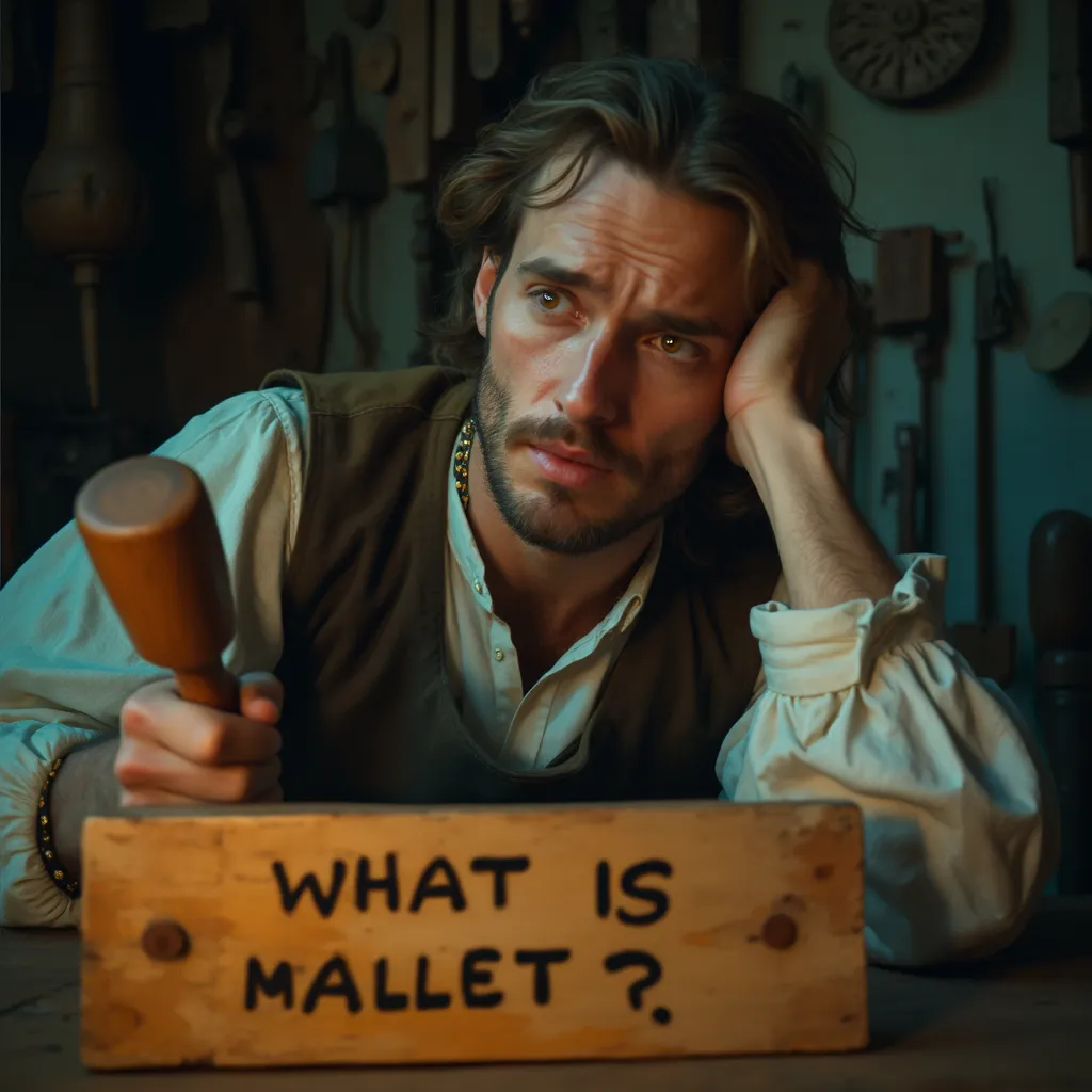 WOODCARVING LESSONS: Woodcarver Grabovetskiy has long hair and a beard. He stands by a wooden bench, holding a mallet. A sign says, "WHAT IS MALLET?" Behind him are many woodworking tools. - Wood Carving tutorials