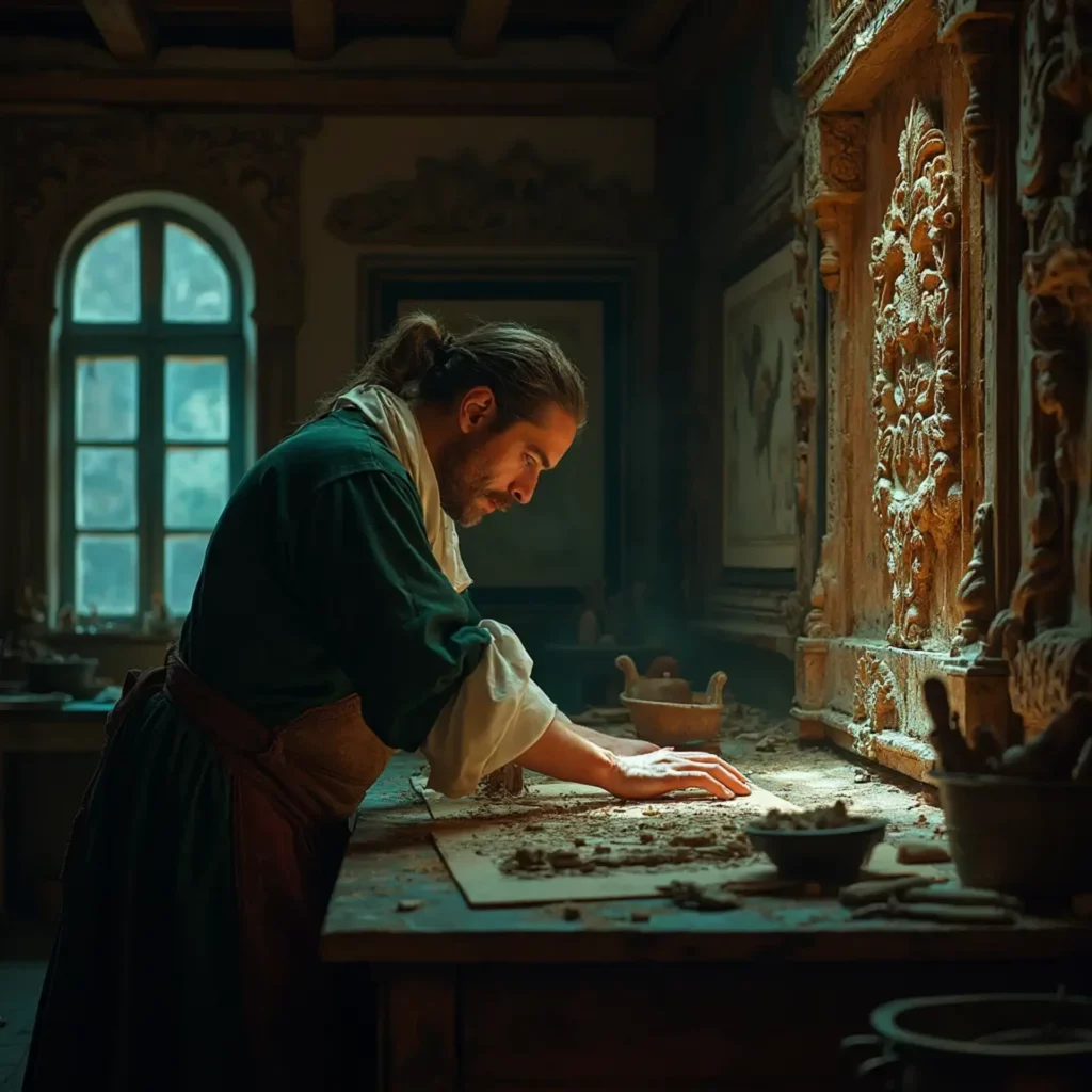 A man in historical attire crafts an intricate wooden sculpture in a dimly lit workshop.