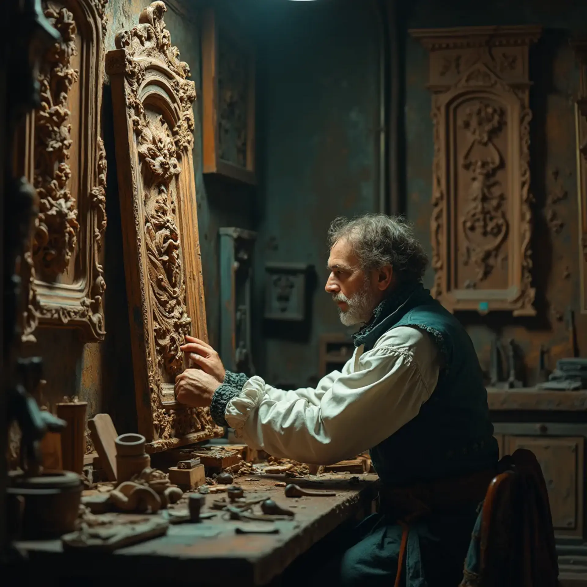 Alt text: A focused man with a beard sits at a workbench, pondering the question, "What wood is the best for carving?" surrounded by woodworking tools, emphasizing the topic of wood carving classes and lessons.