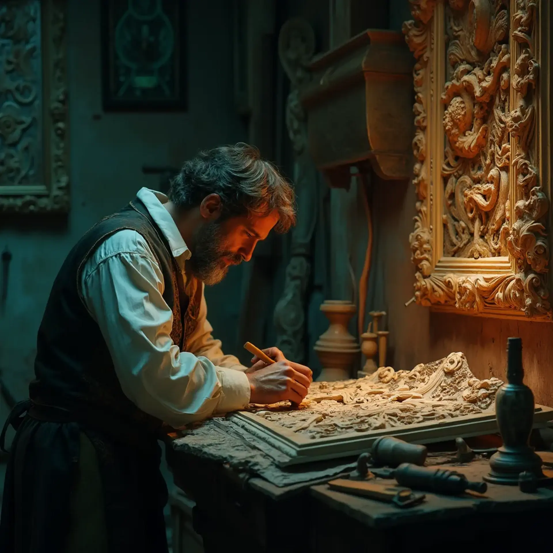 A thoughtful person gazing thoughtfully while touching a beautifully carved wooden column. The intricate carvings depict scenes of historical significance, showcasing the skills involved in wood carving. This image highlights the artistry found in wood carving classes and lessons.