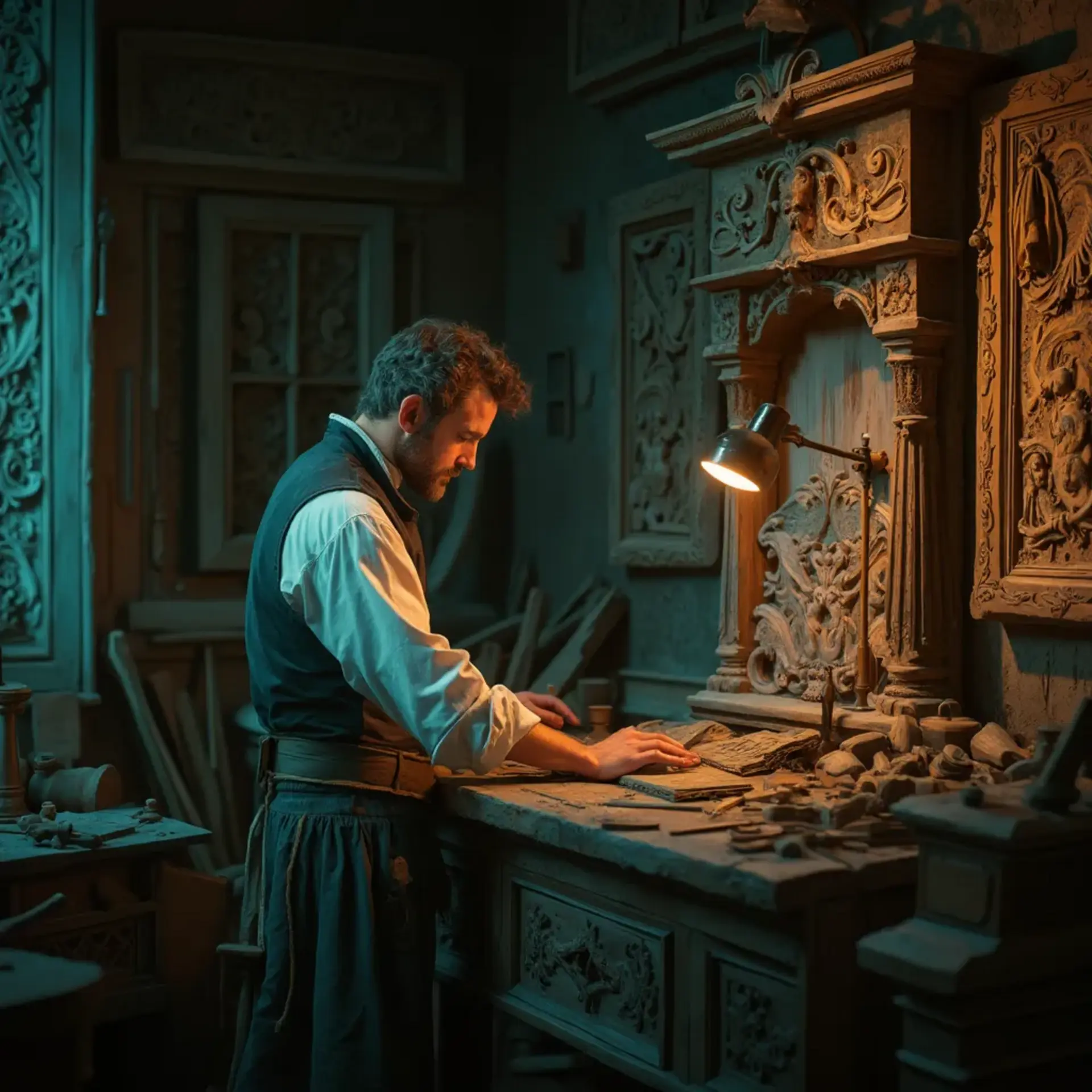 A thoughtful person gazing thoughtfully while touching a beautifully carved wooden column. The intricate carvings depict scenes of historical significance, showcasing the skills involved in wood carving. This image highlights the artistry found in wood carving classes and lessons.
