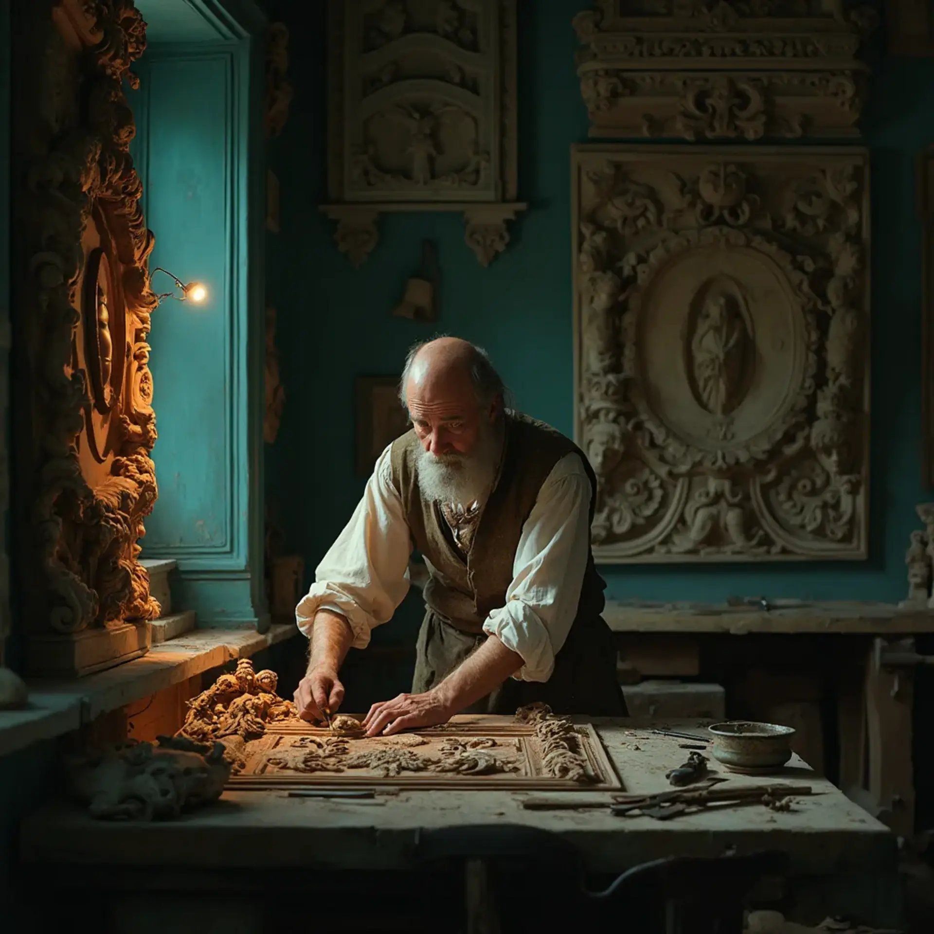 Alt text: A focused man with a beard sits at a workbench, pondering the question, "What wood is the best for carving?" surrounded by woodworking tools, emphasizing the topic of wood carving classes and lessons.