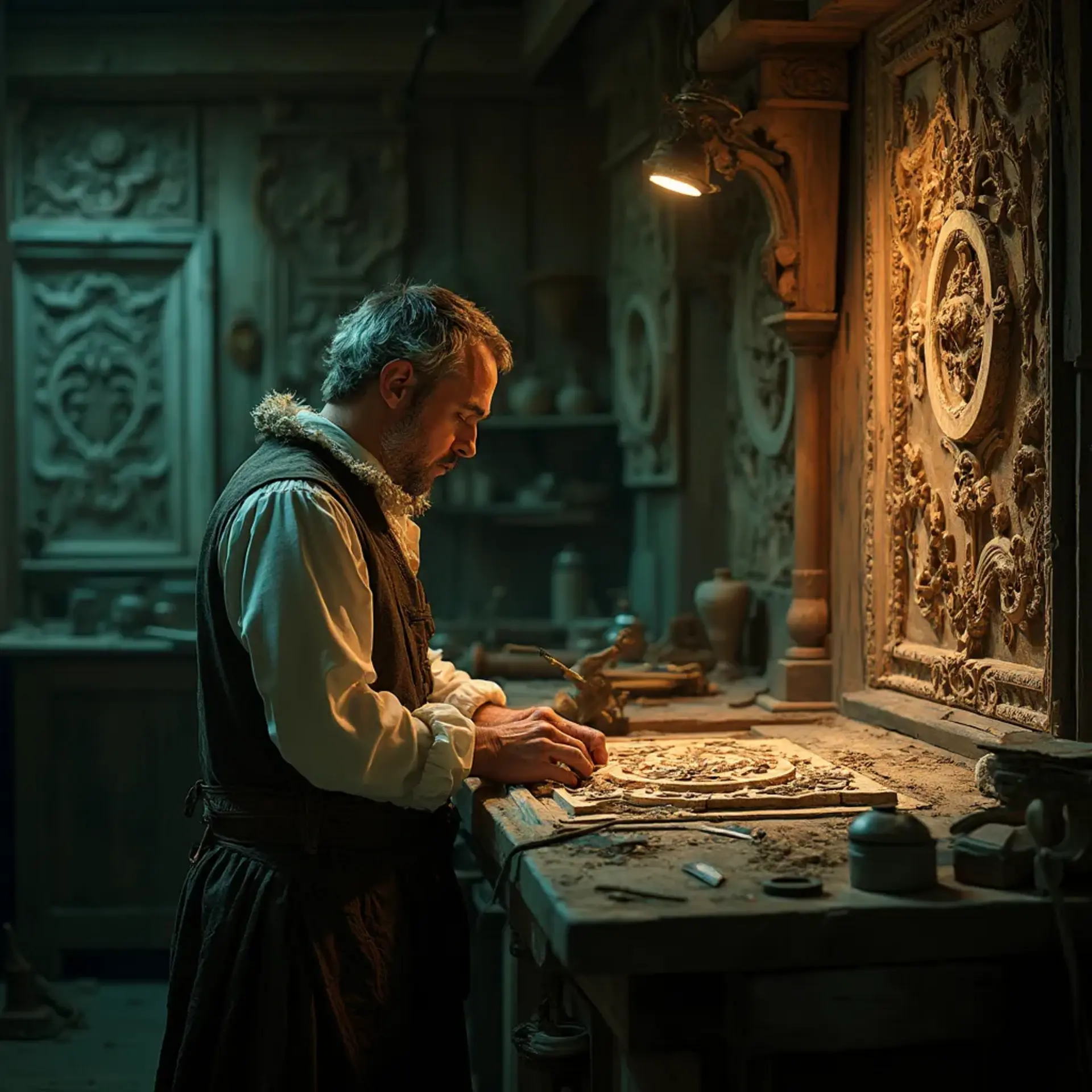 WOODCARVING LESSONS: Woodcarver Grabovetskiy, a man with a beard, holds a sign that says "What wood is the best for carving?" He looks thoughtful. Carving tools are on the table in front of him. - Wood Carving tutorials
