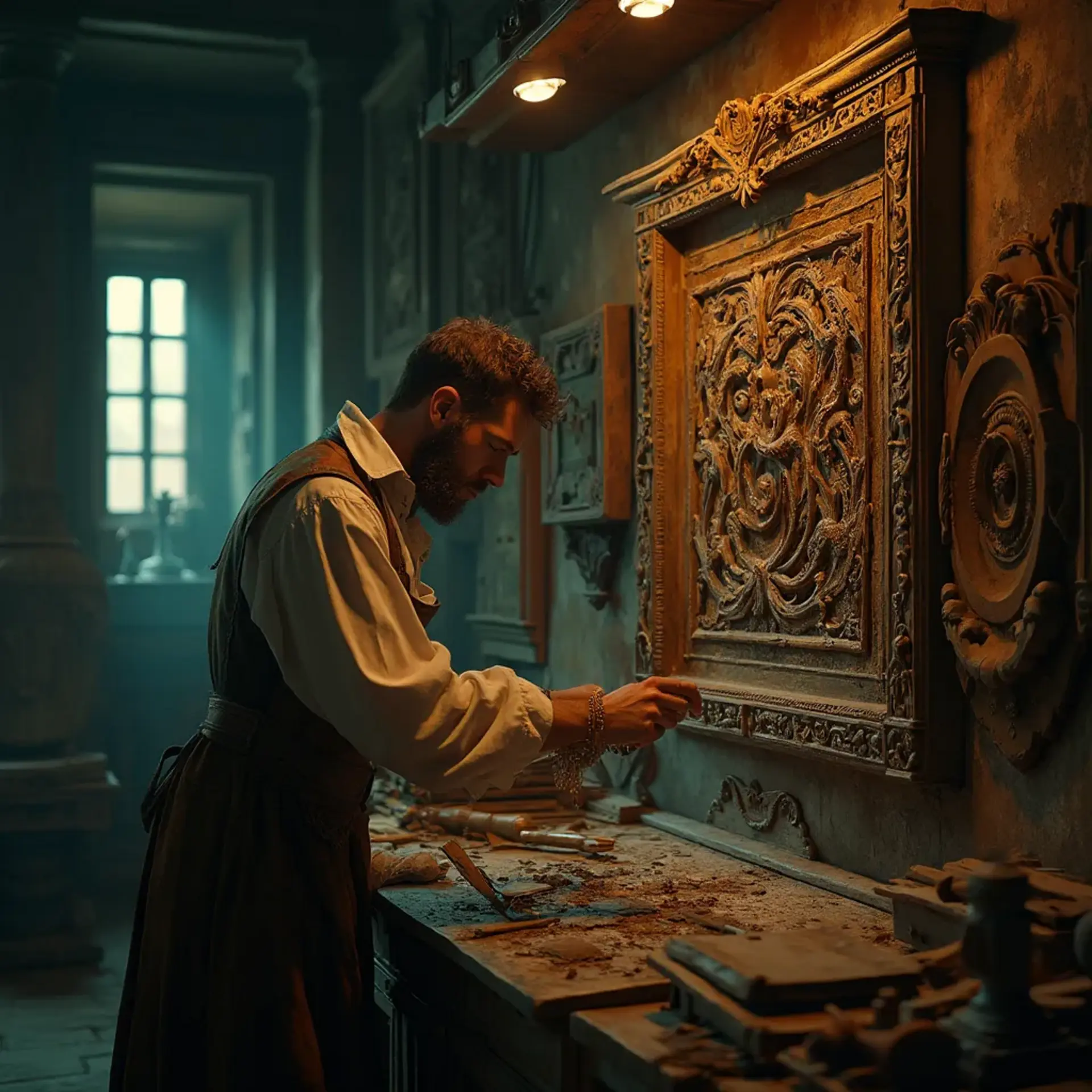 Alt text: A focused man with a beard sits at a workbench, pondering the question, "What wood is the best for carving?" surrounded by woodworking tools, emphasizing the topic of wood carving classes and lessons.