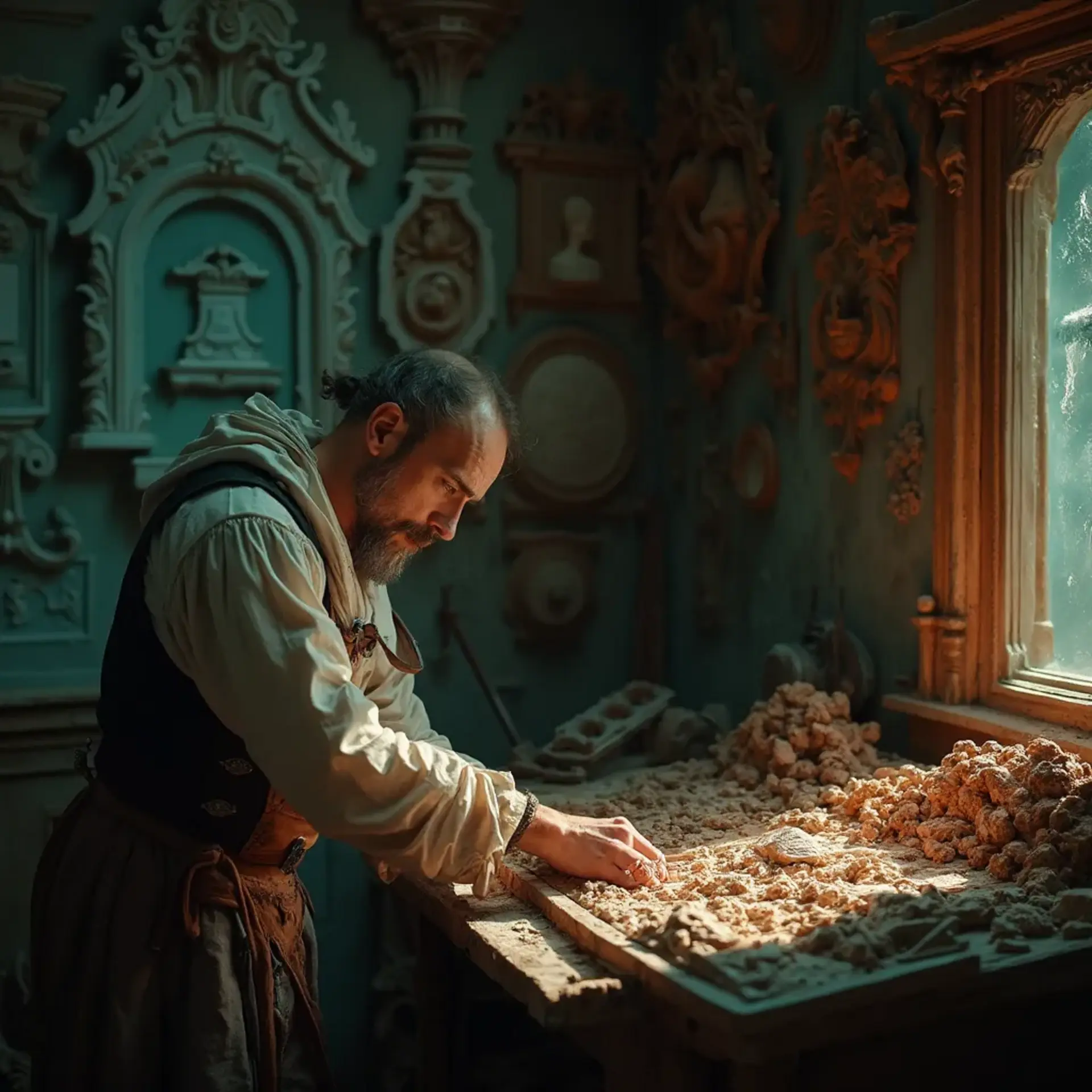 A thoughtful woodworker sitting at a workbench, pondering the best type of wood for carving. He holds a carving tool in one hand, with a sign in front of him that reads, "What wood is the best for carving?" This scene hints at the importance of choosing the right materials in wood carving classes and lessons.