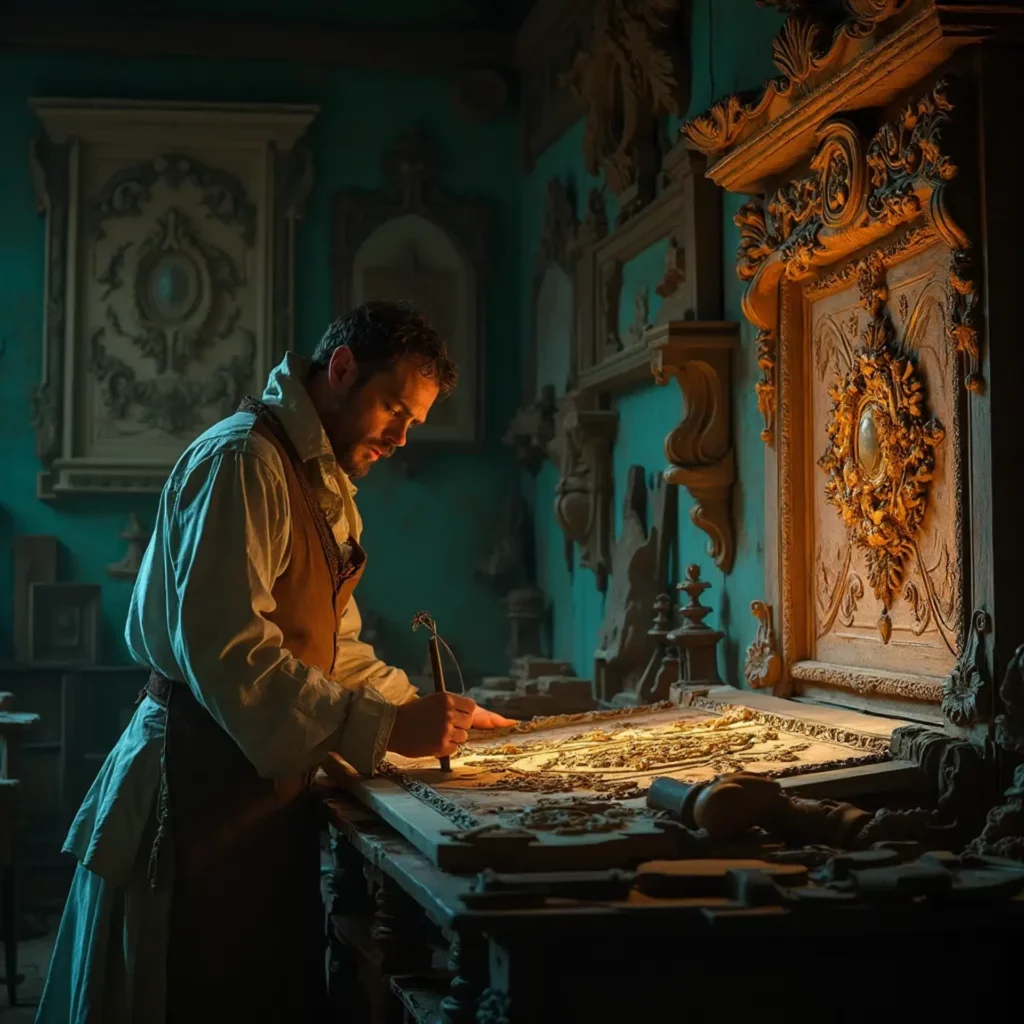 WOODCARVING LESSONS: In a cozy workshop full of beautiful wood pieces and tools, Woodcarver Grabovetskiy works carefully on a wooden item. Warm light shines as he carves fine details. - Wood Carving tutorials