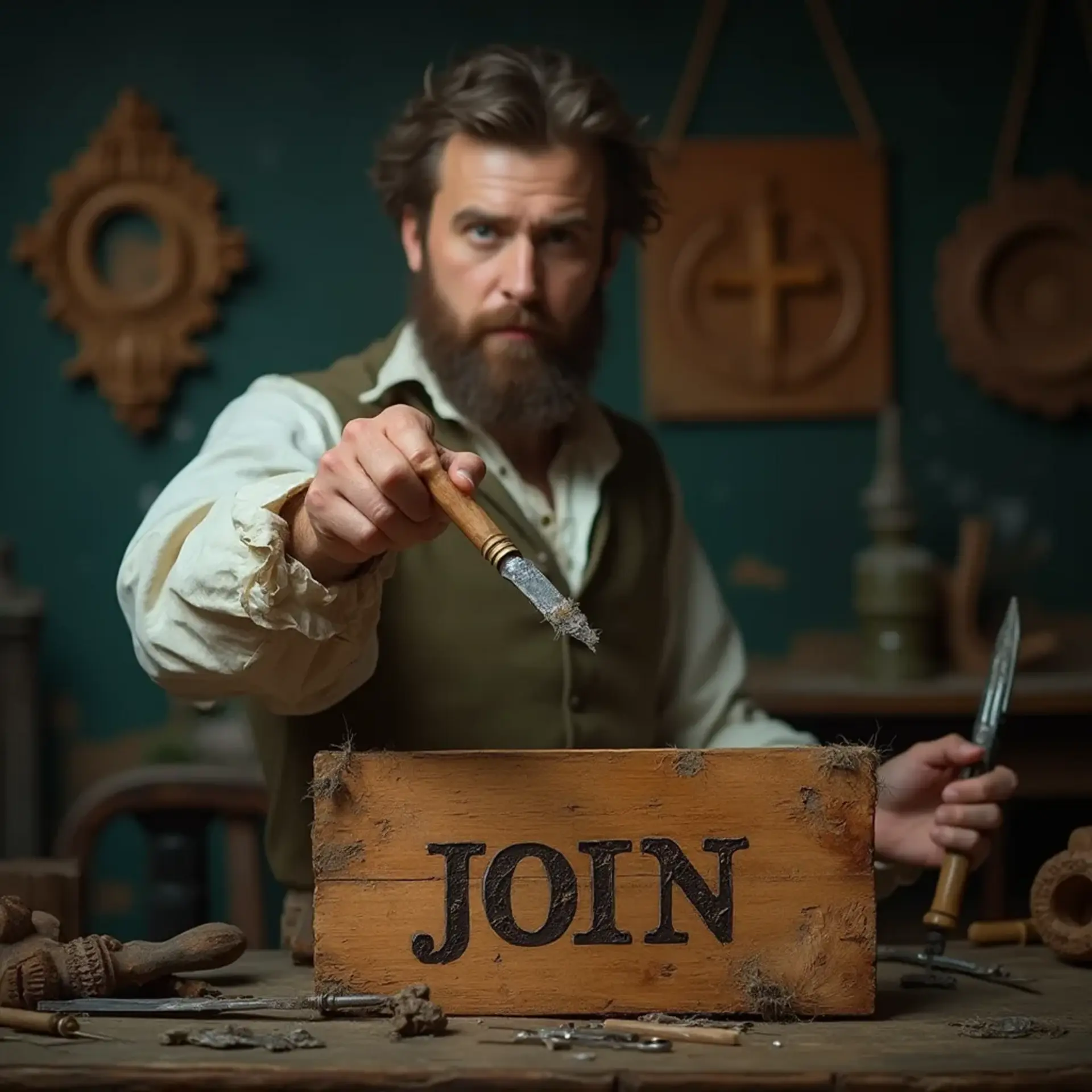 Bearded man holding a chisel, standing behind a wooden "JOIN" sign in a workshop filled with woodworking tools.