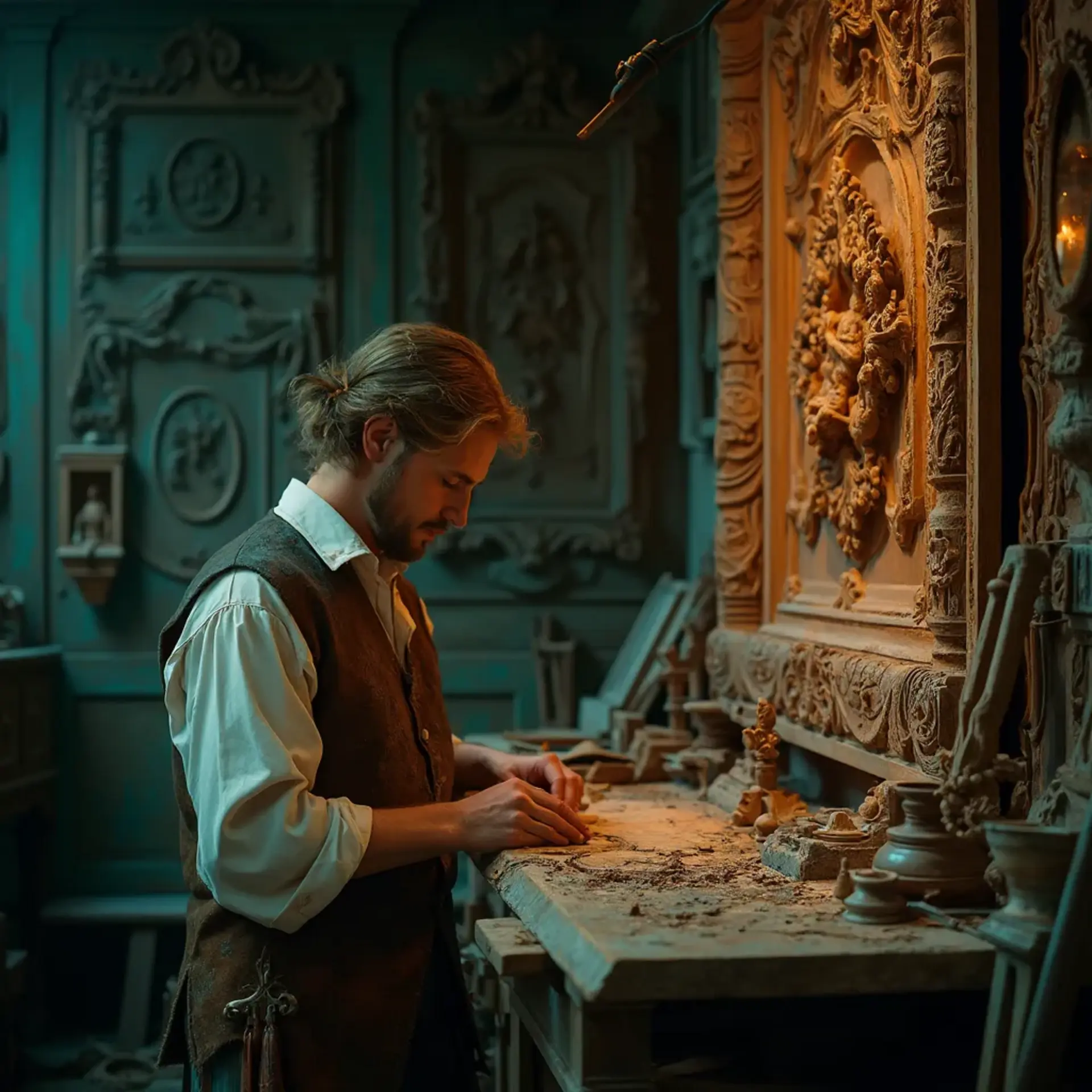 WOODCARVING LESSONS: In a workshop with fancy wooden panels on the walls, a man named Woodcarver Grabovetskiy (with a beard and long hair) works on a detailed wood carving. - Wood Carving tutorials