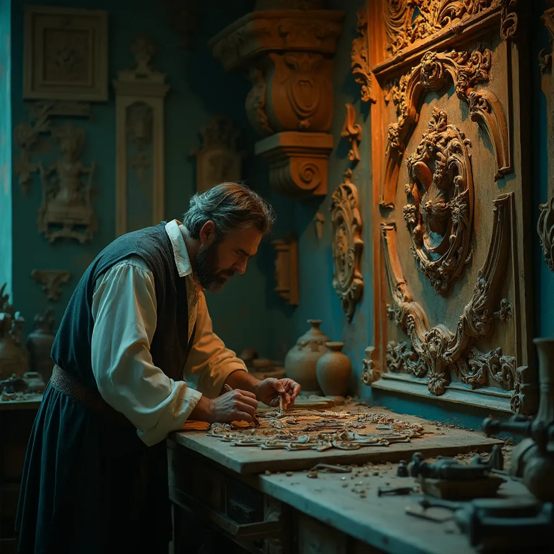 WOODCARVING LESSONS: Woodcarver Grabovetskiy, a man with a beard, holds a sign that says "What wood is the best for carving?" He looks thoughtful. Carving tools are on the table in front of him. - Wood Carving tutorials