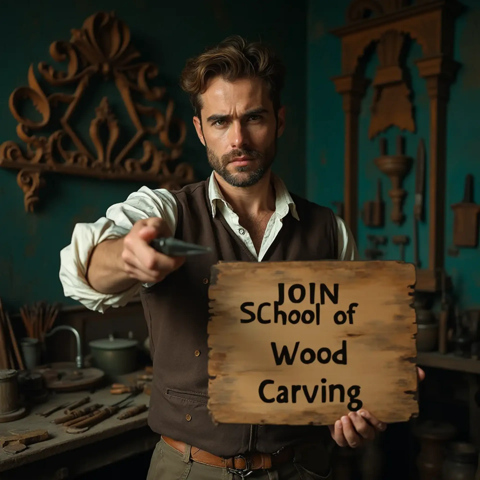 Alt text: A focused man in a workshop holds a wooden sign that says "JOIN SCHOOL of Wood Carving." The background features various wood carving tools and decorative woodwork, emphasizing the wood carving classes and lessons available.