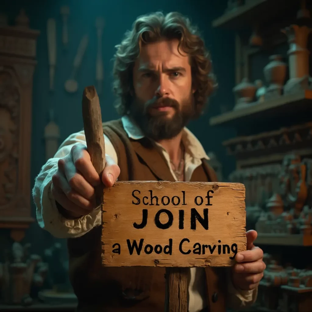 A serious-looking man with a beard is holding a wooden sign that says "School of JOIN a Wood Carving." The background is filled with various wood carving tools and sculptures, creating a cozy workshop vibe. This image highlights the world of wood carving classes and lessons, inviting you to jump into this creative adventure!!!