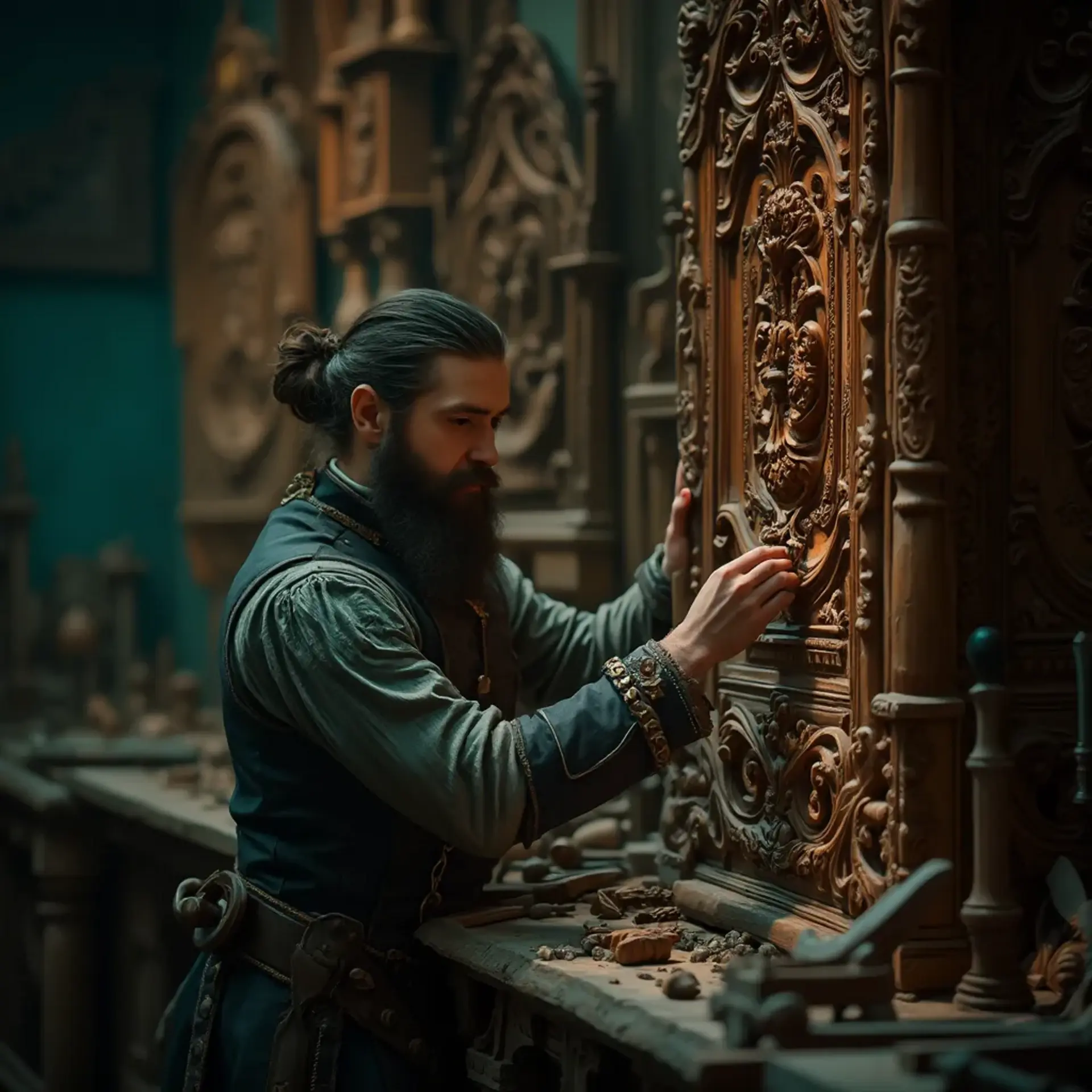 Alt text: A focused man with a beard sits at a workbench, pondering the question, "What wood is the best for carving?" surrounded by woodworking tools, emphasizing the topic of wood carving classes and lessons.