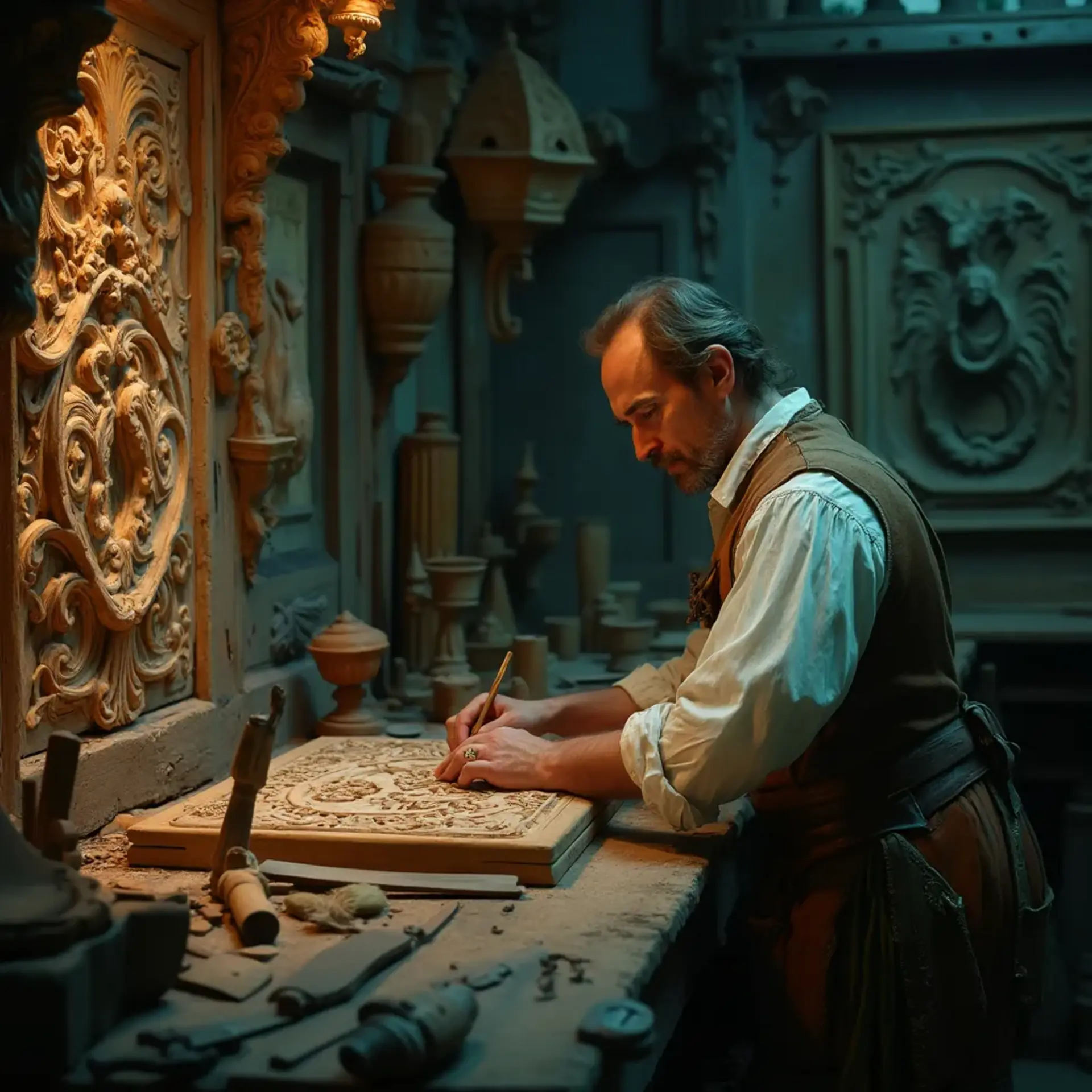 A thoughtful woodworker sitting at a workbench, pondering the best type of wood for carving. He holds a carving tool in one hand, with a sign in front of him that reads, "What wood is the best for carving?" This scene hints at the importance of choosing the right materials in wood carving classes and lessons.