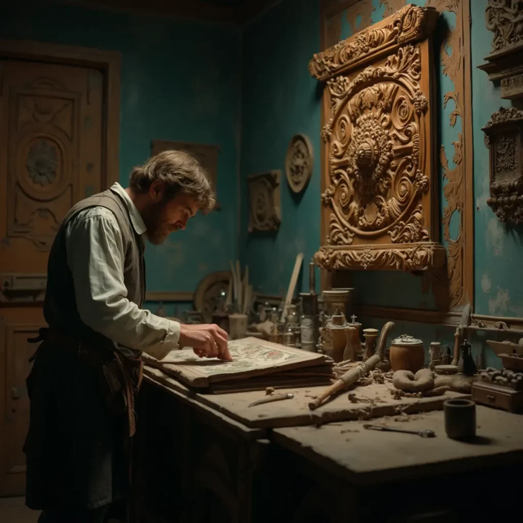 WOODCARVING LESSONS: A man in a workshop carves detailed designs into a wooden panel. Tools and wood shavings cover the workbench. A big, fancy carving hangs on the wall behind him. The man is Woodcarver Grabovetskiy. - Wood Carving tutorials