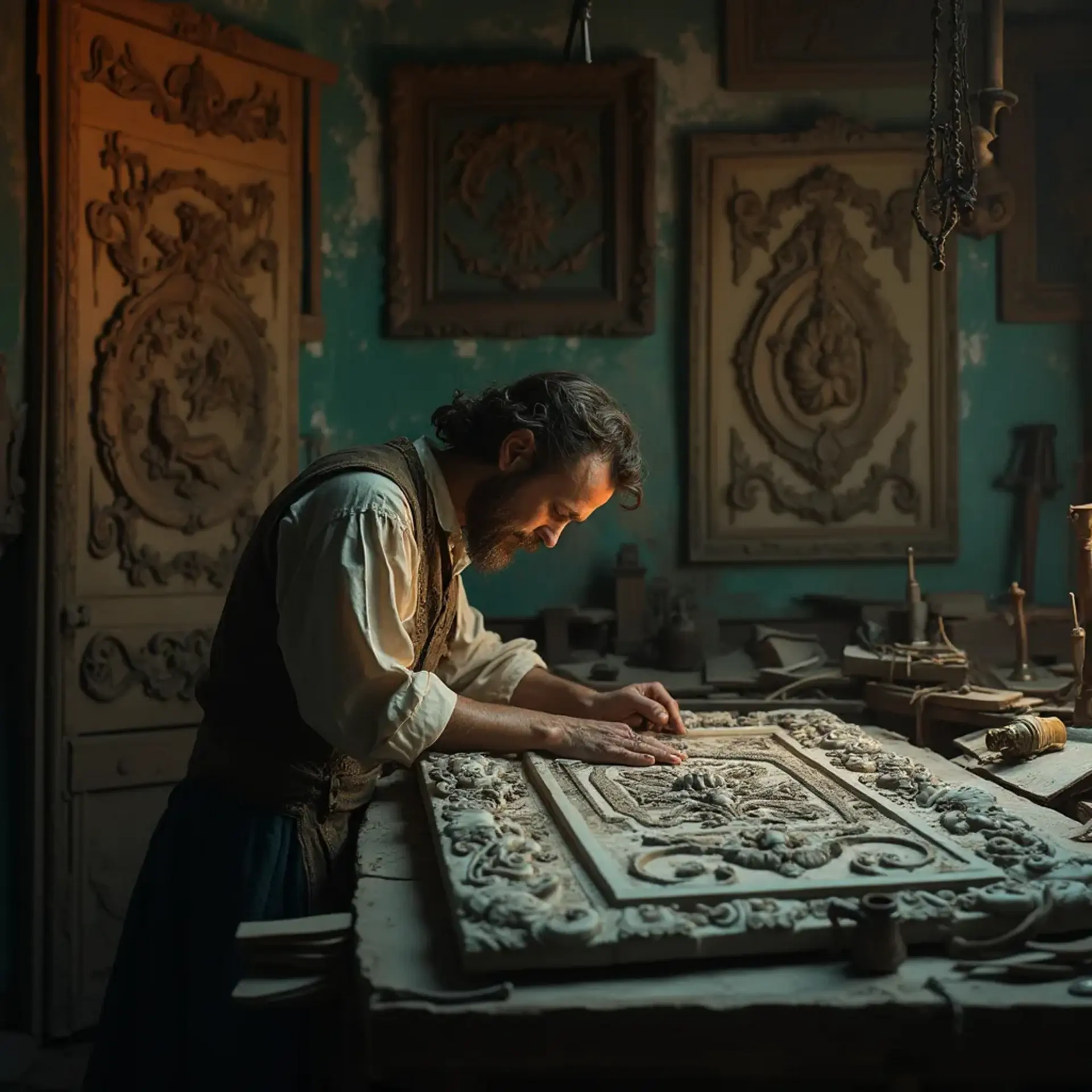 A thoughtful person gazing thoughtfully while touching a beautifully carved wooden column. The intricate carvings depict scenes of historical significance, showcasing the skills involved in wood carving. This image highlights the artistry found in wood carving classes and lessons.
