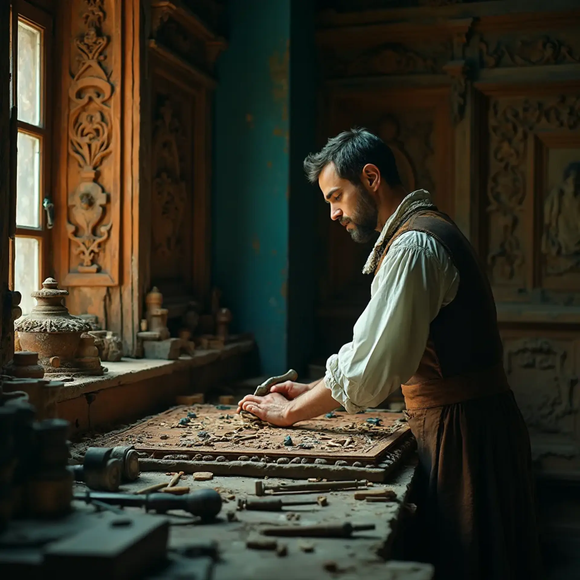 WOODCARVING LESSONS: Woodcarver Grabovetskiy, a man with a beard, holds a sign that says "What wood is the best for carving?" He looks thoughtful. Carving tools are on the table in front of him. - Wood Carving tutorials