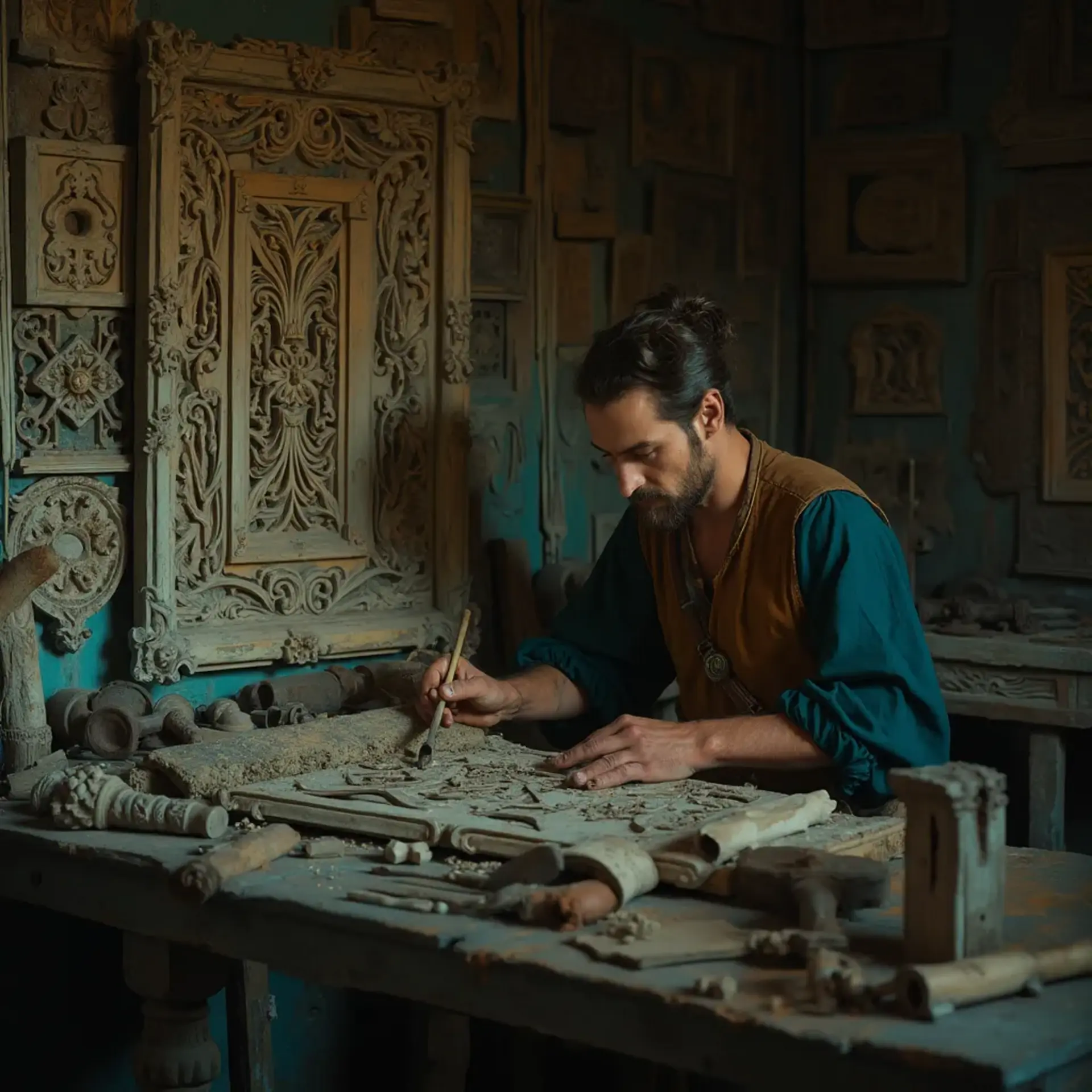 A thoughtful woodworker sitting at a workbench, pondering the best type of wood for carving. He holds a carving tool in one hand, with a sign in front of him that reads, "What wood is the best for carving?" This scene hints at the importance of choosing the right materials in wood carving classes and lessons.