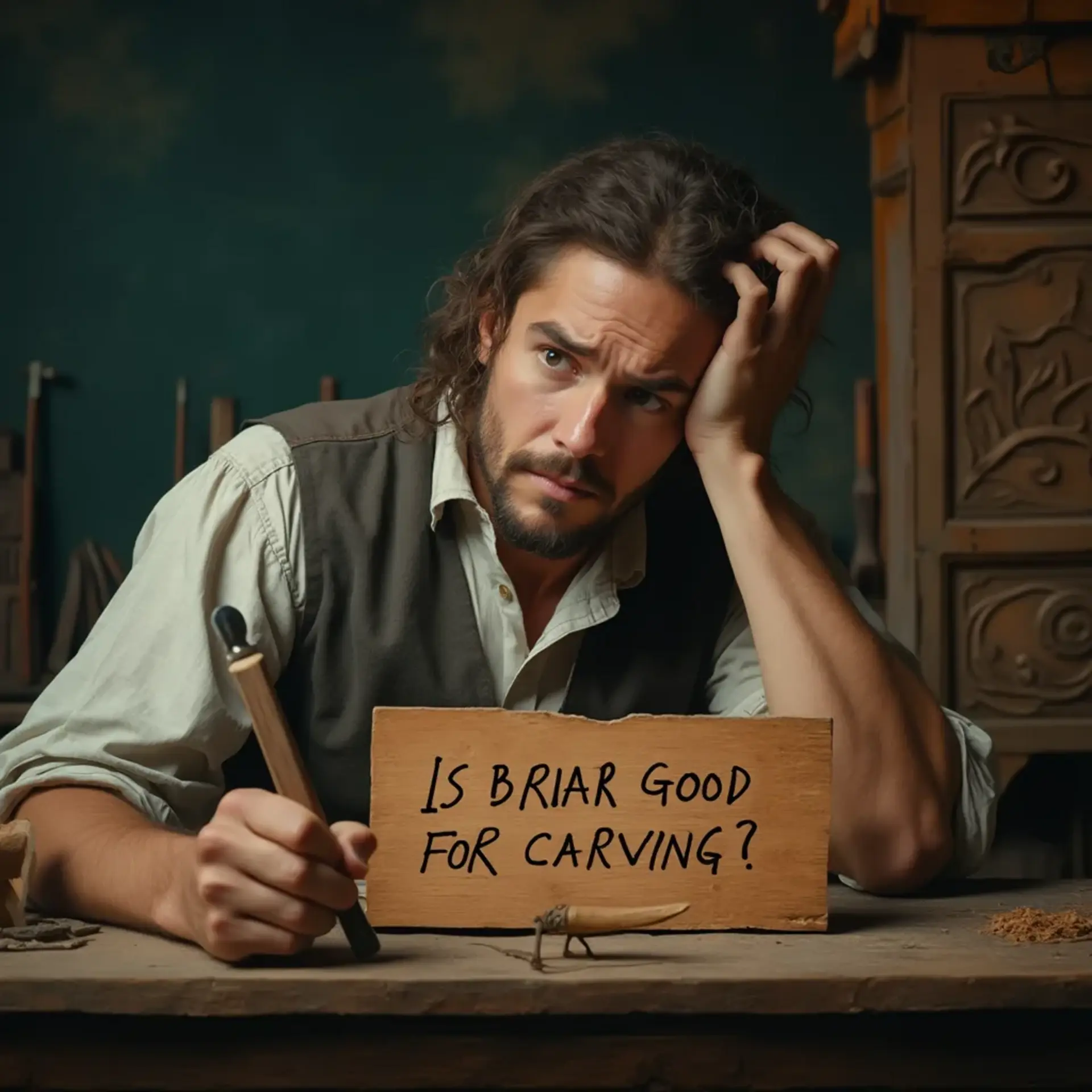 WOODCARVING LESSONS: Woodcarver Grabovetskiy, a man with a beard, holds a sign that says "What wood is the best for carving?" He looks thoughtful. Carving tools are on the table in front of him. - Wood Carving tutorials