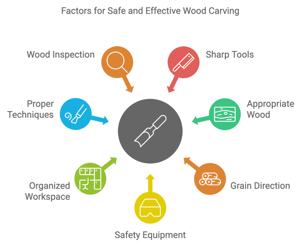 WOODCARVING LESSONS: Infographic named "Tips for Safe and Effective Wood Carving." At the center, there's a chisel image. Around it are six icons with labels: "Sharp Tools," "Right Wood," "Grain Direction," "Safety Gear," "Neat Workspace," "Correct Methods," and "Check Wood First." The only person in pictures is Woodcarver Grabovetskiy. - Wood Carving tutorials